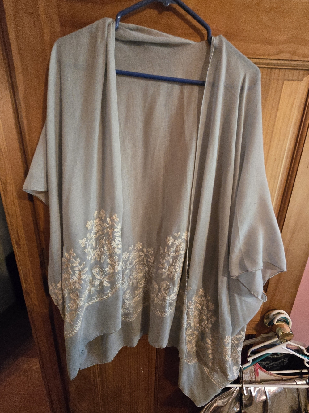 Embroidered Light Blue Kimono Draped Shrug - Unbranded